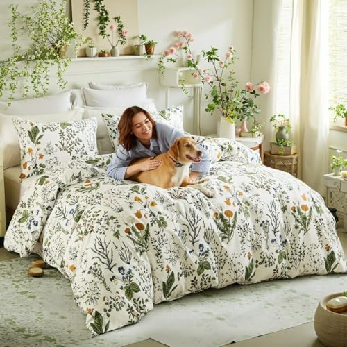 Cozaline Green Comforter Set King, 100% Cotton Reversible Floral Pattern Comforter Set 3 Pcs Soft Cotton Lightweight Comforter All Season Soft & Breathable Green Bedding Set Cozaline