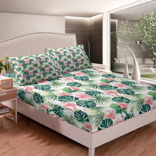 Feelyou Palm Leaf Sheet Set King Size Kids Flower Floral Palm Tree Print Sheets with Deep Pocket Fitted Sheet for Boys Girls Teens Botanical Nature Theme Bed Sheets Set Summer Nature Theme Bedding Set Feelyou