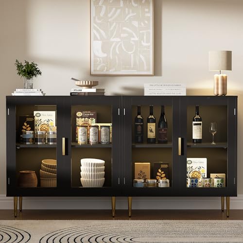 Housoul Sideboard Buffet Cabinet with 4 Doors, Modern Sideboard Cabinet with LED Lights, Bar Cabine with Adjustable Shelf, Coffee Bar Storage Cabinet with Golden Handles for Kitchen, Black Housoul