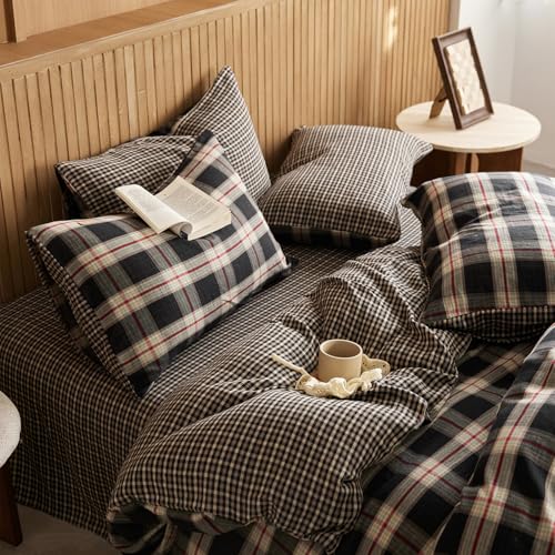 EAVD Vintage Red&Black Plaid Duvet Cover Queen Soft 100% Muslin Cotton Retro Grid Checkered Bedding Set with 2 Pillowcases Reversible Gingham Duvet Cover with Zipper Closure EAVD