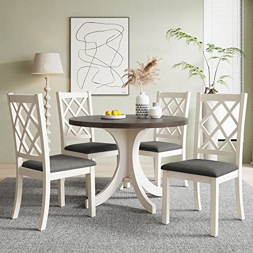 Merax Mid-Century 5-Piece Round Dining Table Set for 4, Solid Wood Kitchen Table with Upholstered Chairs for Small Spaces, Brown Table and Gray Chairs Merax