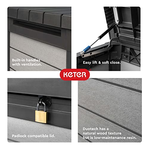 Keter Denali 150 Gallon Resin Large Deck Box-Organization and Storage for Patio Furniture, Outdoor Cushions, Garden Tools and Pool Toys, Grey & Black Keter