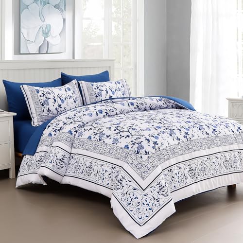 Dobuyly Floral Queen Comforter Set, 7 Piece Bed in a Bag Queen Size Blue Flowers on White Botanical Bedding Set, Soft Microfiber Bedding Comforter Sets with Sheets for All Season Dobuyly
