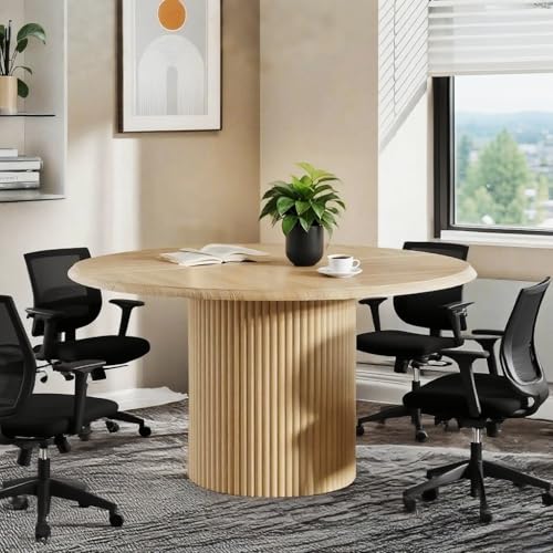 Tribesigns 47" Round Conference Table for 4-6 People, Farmhouse Wooden Meeting Room Table with Sturdy Fluted Metal Base, Modern Office Training Desk for Office, Conference Room Tribesigns