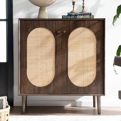 HoeuThien Rattan Sideboard with Storage Modern Kitchen Buffet Accent Cabinet with 2 Doors Wooden Cabinet for Dining Room Entryway Living Room Dark Brown