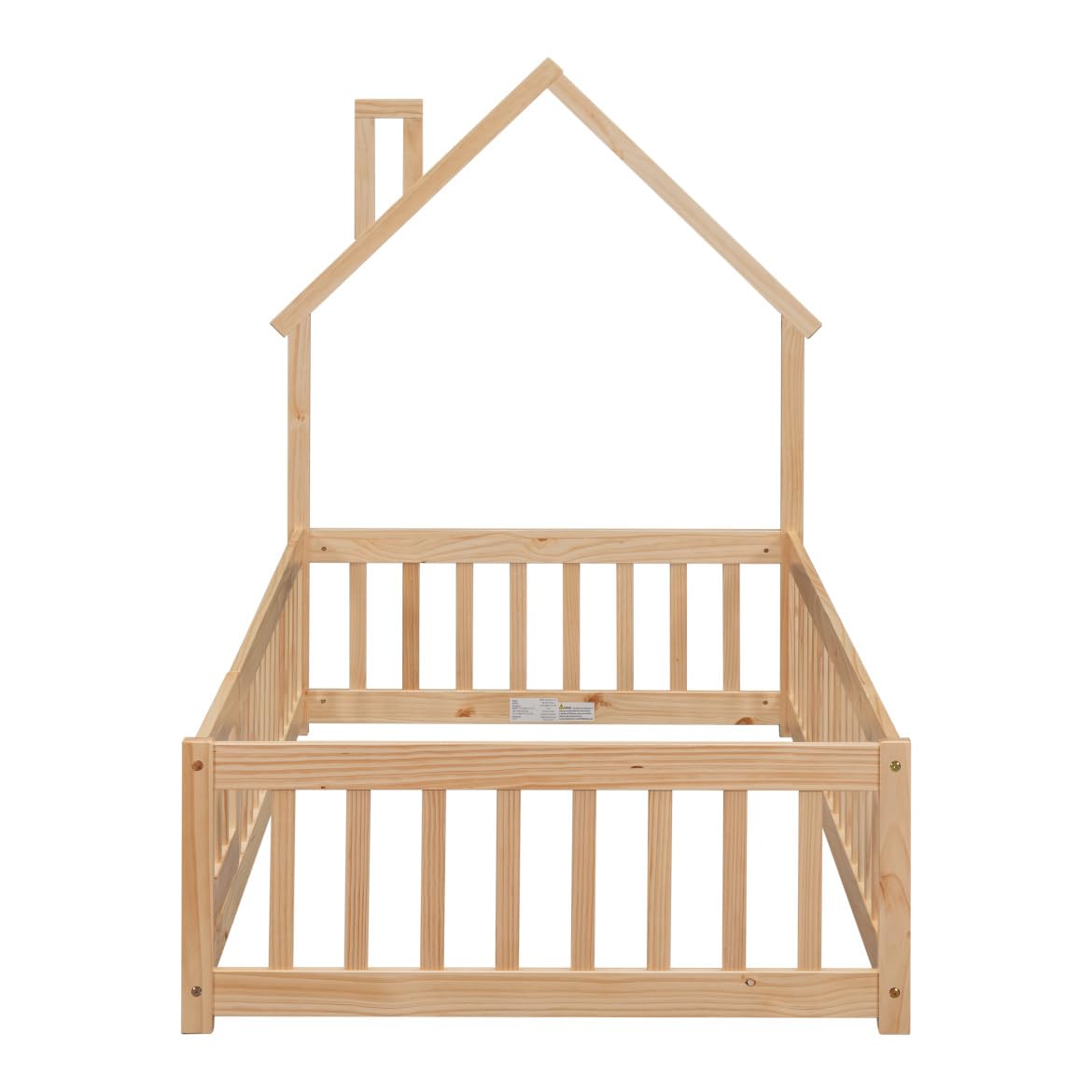 TURRIDU Twin Size Montessori House-Shaped Floor Bed with Fence & Door in Natural Wood TURRIDU