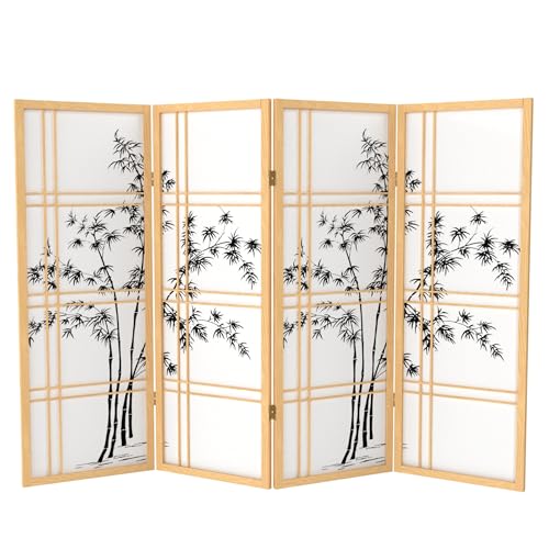 4 ft. Short Bamboo Tree Shoji Screen - Natural - 4 Panels Red Lantern