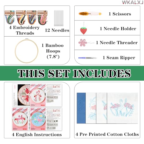 WKALXJ 4 Sets Embroidery Kits for Beginners to Advanced, Cross Stitch Kits Needlepoint Kits Crafts for Adults, Needle Point Kits with Flamingo Plant Pattern(Advanced Flamingo)