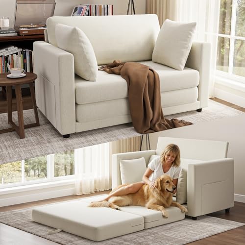 TROMIRY Convertible Loveseat Sofa Bed | Pull Out 78.7” Floor Couch Bed | Folding Sleeper Sofa Bed for Living Room, Apartment & Guest Room | Ivory White TROMIRY