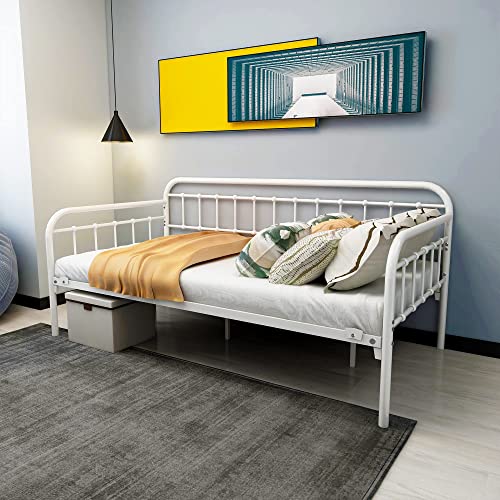 HOMERECOMMEND Multi-Purpose Metal Daybed Frame Heavy Duty Metal Slats Sofa Bed Platform Mattress Foundation Economic Day Bed White Color Twin Size. HOMERECOMMEND