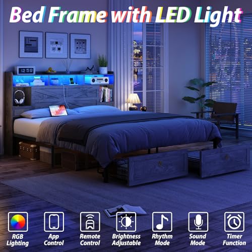 TIGUBFRE King Bed Frame with Storage Headboard, Farmhouse Wood Bed Frame King Size with 4 Drawers, LED Light & Charging Station, Metal Slats Support, Noise Free, No Box Spring Needed, Rustic Grey TIGUBFRE