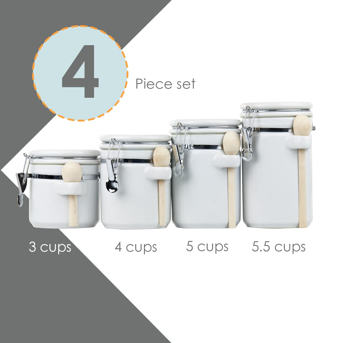Canister Sets For The Kitchen (4 Piece Set) White, High Gloss Ceramic | By Home Basics | Decorative| With Wooden Spoons, Countertop Set For Flour, Sugar, Coffee, and Snacks Home Basics