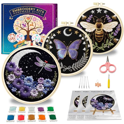 Huacan Embroidery Kit for Adults Beginner - Embroidery Kits 3 Pcs Stamped Stitch Practice Multiple Butterfly Pattern with 3 Hoops, DIY Sewing Kit with Gift Box 7.9 x 7.9 Inch (Butterfly 1)