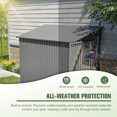 YOPTO 4x8 FT Lean to Metal Shed,Outdoor Storage Shed W/Floor Frame & Reversible Installation,All Weather Waterproof Garden Tool House W/Lockable Door & 2 Air Vents,for Backyard,Patio,Lawn,Gray YOPTO