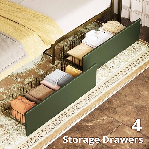 LIKIMIO Queen Bed Frame with 4 Storage Drawers, Platform Bed with Charged Headboard, Sturdy and Stable, No Noise, No Box Spring Needed, Easy to Install, Dark Green LIKIMIO