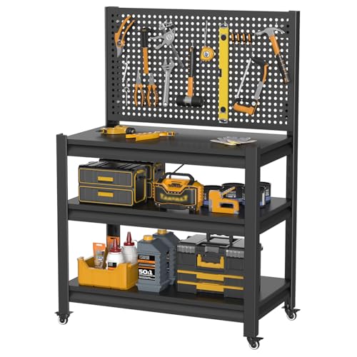 Work Bench with Pegboard,Heavy Duty Workbench with Wheels Adjustable Shelves,Tool Cart,Work Table for Garage Warehouse47.2 H*33.46" W*18" D PLMFJQK