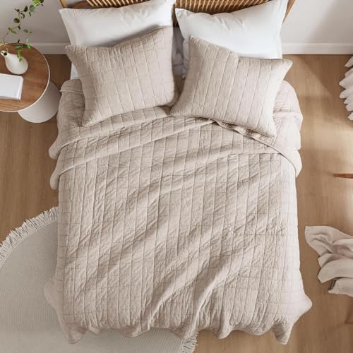 Hyde Lane Linen Quilt Set Queen Size - Breathable Box Stitched European Flax Bedding Set for Bedspread and Coverlet, with 2 Pillow Shams, 90"x96", Linen Hyde Lane