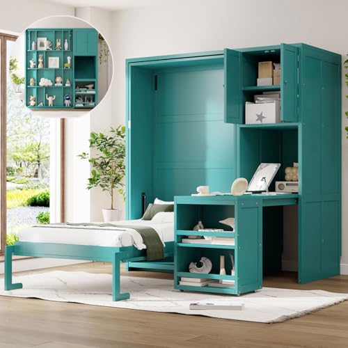 KALALLA Twin Size Rotating Wall Murphy Bed with Bookshelf, Top Cabinet, Horizontal Murphy Bed Frame with Extendable Desk & Side Storage, Space Saving, Boys Girls Kids Adults, Teal KALALLA