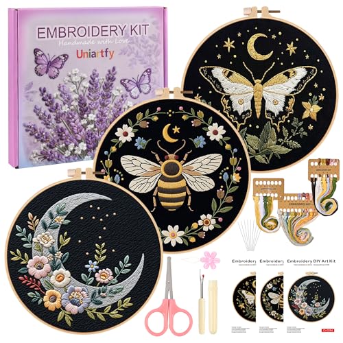 Uniartfy 3 Sets Butterfly Bee Moon Embroidery Kits for Beginners, DIY Cross Stitch Starter Craft Kit for Adults, Needlepoint Kits Including Cloth with Flower Plant Pattern, Hoop, Tools, Instructions