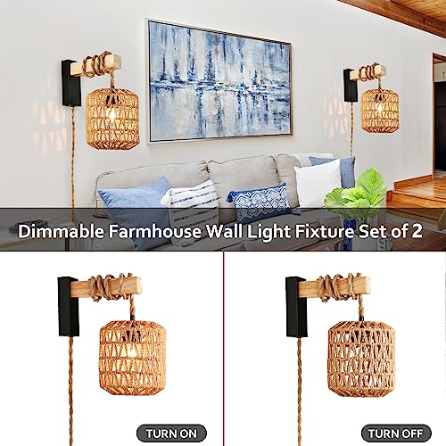 Capslad Plug in Wall Sconces Set of Two Dimmable Boho Rattan Wall Lamp with Wood Arm Rustic Wall Mount Lamp with Hemp Rope Cord Farmhouse Wall Light Fixture for Bedroom Living Room Hallway Entryway Capslpad