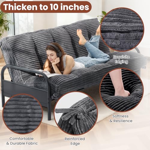 feliz home 10" Futon Mattress Queen Size,Futons Sofa Couch Bed with Straps, Thick Corduroy Floor Mattress for Adults, Roll Up Folding Mattress Shredded Foam Filling, Medium Firm (Gray, Full) feliz home
