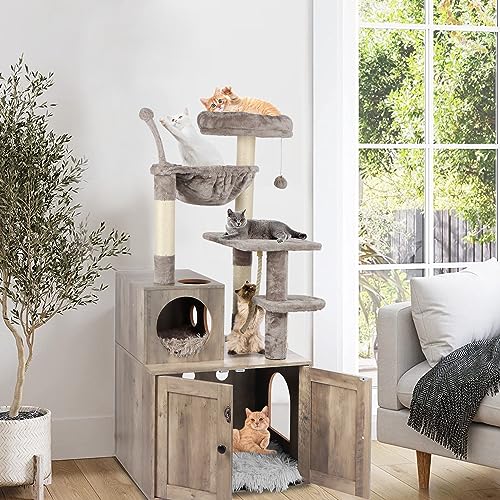 Timberer Cat Tree with Litter Box Enclosure, 2-in-1 Cat Tower for Indoor Cats, Large Cat Furniture, Wood Cat Condo with Basket, Scratching Posts, Pompoms, Grey Timberer