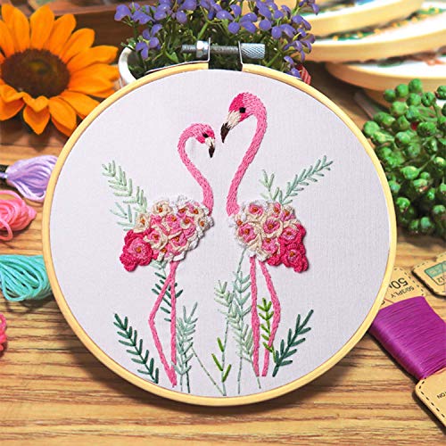 Konrisa Flamingo Embroidery Kit for Beginners with Pattern Floral Stamped Full Range of Embroidery Starter Kit for Adults Cross Stitch Kit with Embroidery Cloth, Hoops, Color Thread and Tools,Set of 2