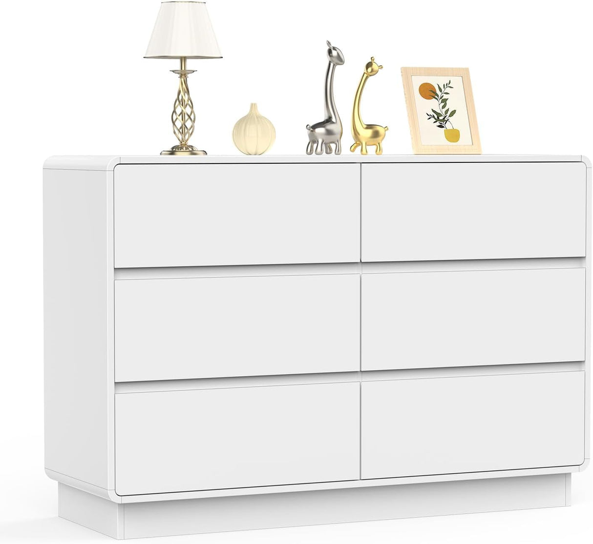 OTUTUMUS 6 Drawers Double Dresser, White Modern Chest of Drawer, Curved Edged Wood Dresser for Bedroom Living Room, Closet, Office, Hallway OTUTUMUS
