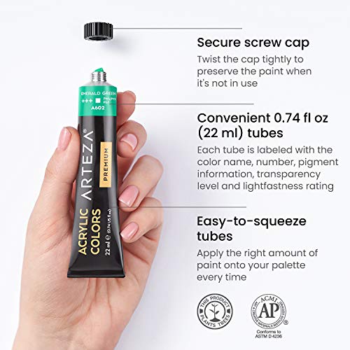 ARTEZA Acrylic Paint Set of 24 Tubes (0.74 oz, 22 ml) Non Toxic Acrylic Artist Paints, Heavy Body Acrylic Paint Art Supplies for Canvas Painting ARTEZA