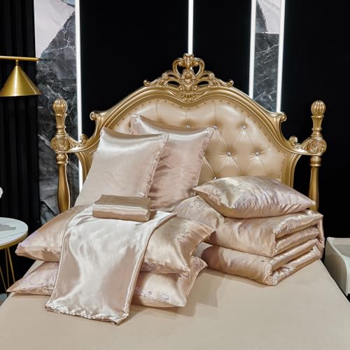 Jacquard Full Comforter Set with Sheet Set Gold Bedding Set 8 Pcs Embroidery Neoclassical Floral Pattern Bed Home Decor Soft Down Comforter Luxury Hotel Silky Bed in a Bag with 1 Cushion Cover Bedding_Dreamer