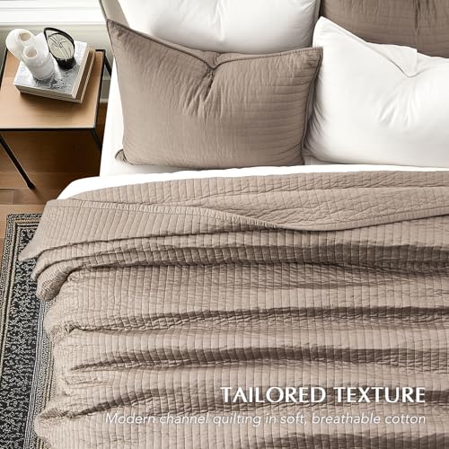 EVERGRACEHOME Cotton Sateen Quilt Set King Size, Pre-Washed Cotton Channel Stitch Coverlet Bedspread, 3 Pieces Lightweight Soft Bedding Sets for All Season, with 2 Pillow Shams, Stone Taupe EVERGRACEHOME