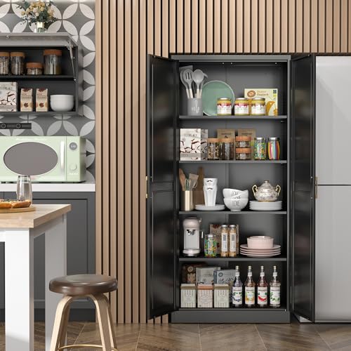 SteeLoong Kitchen Pantry Cabinet,71”Black Metal Pantry Storage Cabinet with Doors and 4 Adjustable Shelves,Kitchen Cabinet with 2 Gold Handles,Tall Cabinet for Livingroom,Pantry, Bathroom SteeLoong