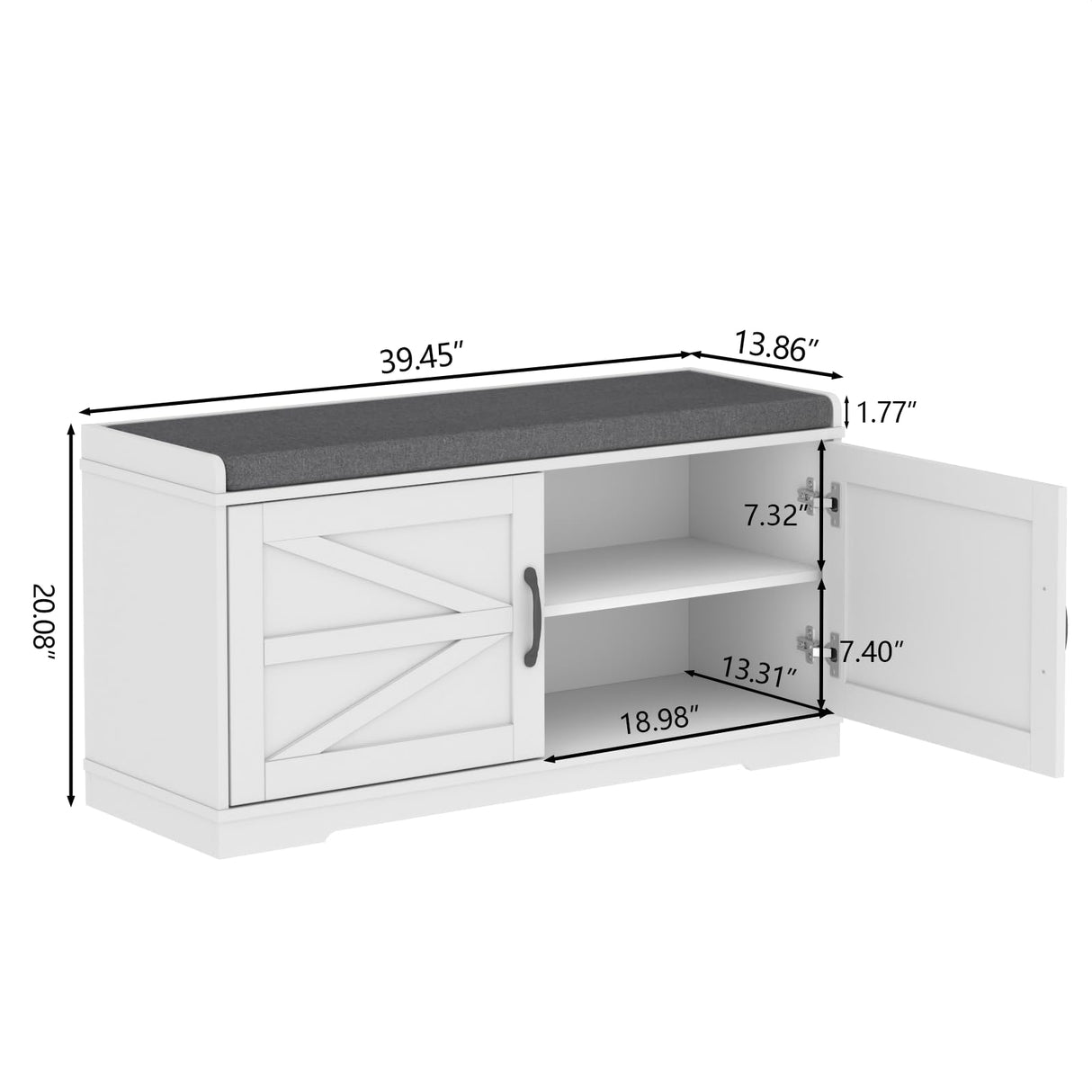 Loomie Shoe Storage Bench, Farmhouse Entryway Bench, 2-Tier Shoe Bench with Padded Seat Cushion, 13.78" D x 39.37" W x 19.69" H, Slim Shoe Cabinet Bench for Entryway, Living Room, Bedroom (White) Loomie
