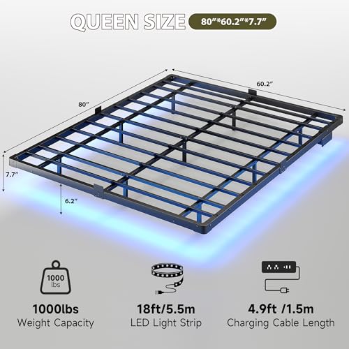 Bed Frame Queen Size, Floating Bed Frame with Smart LED Lights & Charging Station, Modern Metal Platform Queen Bed Frame with Mattress Slide Stopper, Noise-Free, No Box Spring Needed, Easy Assembly MORICAD