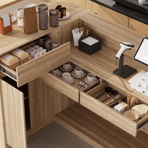 FAMAPY 70.9" L-Shape Reception Desk with Open Display Shelving, 2 Drawers & Cabinets, Modern Reception Counter for Shop Oak 70.9”W x 47.2”D x 39.4”H FAMAPY