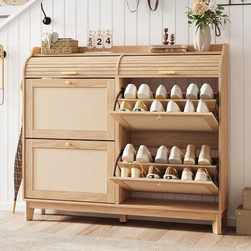 LINSY Shoe Storage Cabinet, Rattan Shoe Cabinet Wood Shoes Rack Cabinets with Sliding Tambour Door, Large Flip Drawer Shoe Cabinet Boho Hidden Shoe Storage for Entryway, Front Door, Hallway, Oak LINSY