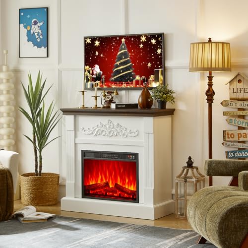 Electric Fireplace with Mantel, Farmhouse Electric Fireplaces TV Stand, Fireplace Entertainment Center with Heater and Realistic Stacked Stone Surround for Living Room, Bedroom HDDDZSW