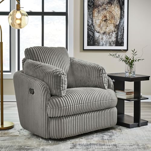 Signature Design by Ashley Tie-Breaker Casual Manual Press-Back Swivel Glider Rocker Recliner with 2 Bolster Pillows and Hidden Storage, Light Gray Signature Design by Ashley