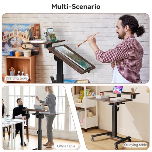 Liftsync 28 inch Mobile Standing Desk On Wheels, Small Computer Workstation Adjustable Height,Rolling Laptop Stand with Tiltable Desktop, 2-Tier Portable Study Table with Storage Shelf, Walnut Liftsync