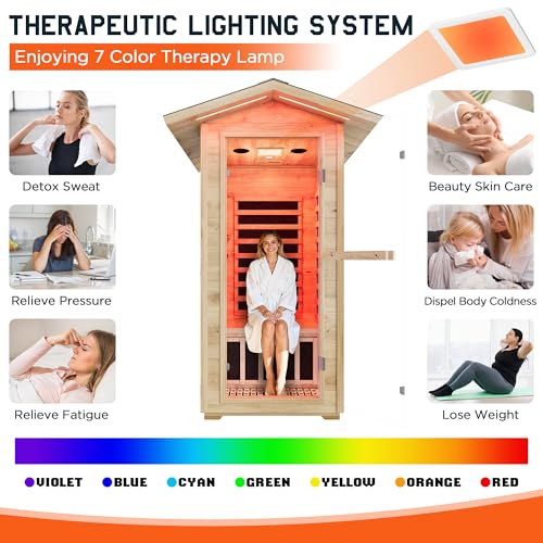 Albott Outdoor Sauna 1 Person, Infrared Saunas for Home, Low EMF 110V Spruce Wood Dry Sauna with Tourmaline Stone Foot Warmer, 7-Color Light Therapy & 2 Bluetooth Speakers, 33.5"x35.4"x78.7" Albott