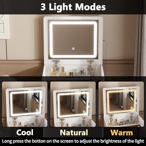 FUFU&GAGA Vanity Desk with Flip Top Mirror and Lights, Small Makeup Vanity Set with Glass Shelf, Space Saving Dressing Table with 3 Drawers & Cushion Stool for Bedroom, White 18.7”W x 15.7”D x 47.2”H FUFU&GAGA