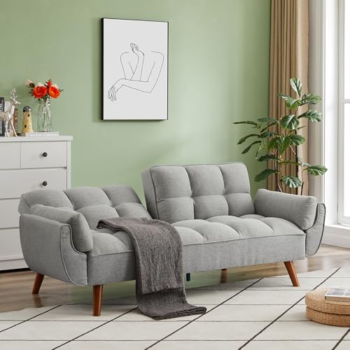 Betoko Convertible Futon Sofa Bed Sleeper Twin Size, Modern Reclining Linen Split Back Sofa Couch with Pillow Top Arm for Compact Living Room,Apartment (Grey) Betoko
