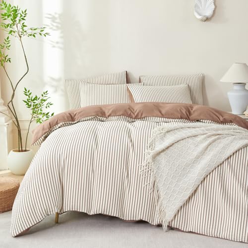 TISPLR Comforter Set Queen Size Striped Soft Luxury Washed Microfiber Jacquard 3 Pieces Bedding, White Dark Brown Vertical Ticking Stripes Comforter with 2 Pillowcases Breathable Durable Comfy TISPLR