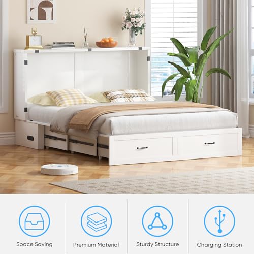 Mjkone Queen Size Murphy Bed Cabinet with Drawers & Tri-Folding Mattress, Modern Multifunctional Guest Chest Cabinet Wall Bed with USB Charging Station for Bedroom Living Room Apartment - White Mjkone