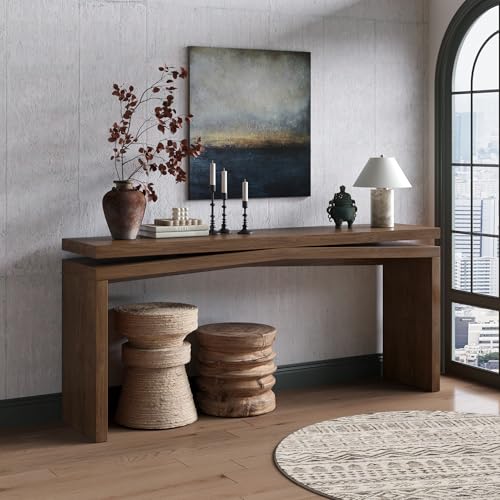 HZSSDTKJ 65-Inch Rustic Solid Wood Veneer Long Console Table, Farmhouse Entryway Sofa Side Table for Living Room, Hallway, Behind Couch and Apartment, Easy Assembly (Antique Rustic Brown-04) HZSSDTKJ