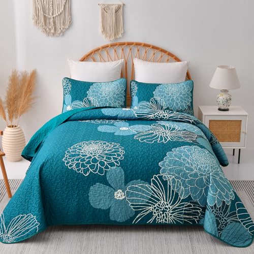 King Quilt Sets Teal Floral Pattern Quilt Bedding Set, 3 Pieces Botanical Quilt Bedspread Coverlet Set, Soft Microfiber Boho Flower Bed Coverlet Bedding Set for All Season(104" x 90) Anibedding