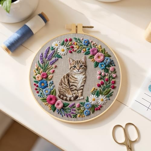 FRANDEK Cute Cat Stamped Embroidery Kit for Beginners Adults, DIY Needlework with Bamboo Hoop Pre-Printed Cotton Fabric, Complete Craft Gift for Women Home Decor