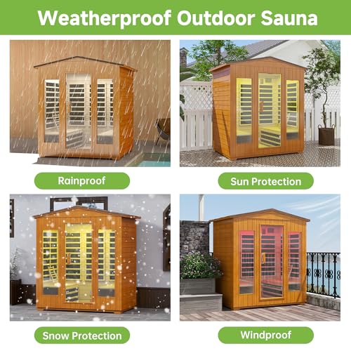 Springspa Outdoor Sauna 4 Person, Infrared Sauna for Home, Wooden Outdoor Saunas Room, 3400 Low EMF Far Infrared with Bluetooth, LCD Panel, 7 Color Chromotherapy Lamp, Reading Lamp springspa