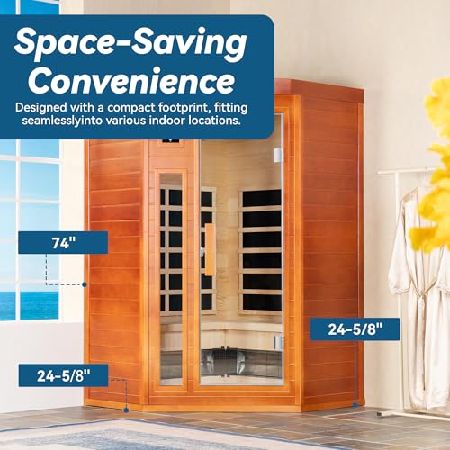 WOODBRIDGE Infrared Sauna Room 2 Person Japanese Cedar Indoor Corner Sauna with 7 Carbon Heaters, Red Light Therapy,Bluetooth Speaker,Intelligent Dual Control System,Tempered Glass,Exterior Brim Light WOODBRIDGE