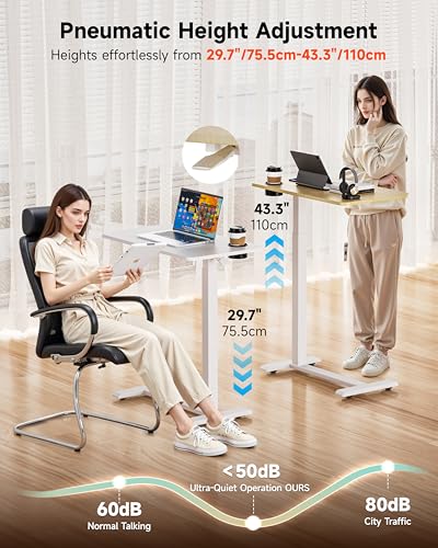 BIZUM Adjustable Bedside Table with Swivel Hidden Wheels Pneumatic Rolling Desk Mobile Standing Desk with Cup Holder for Hospital Home(27.6"x15.8" Maple) BIZUM